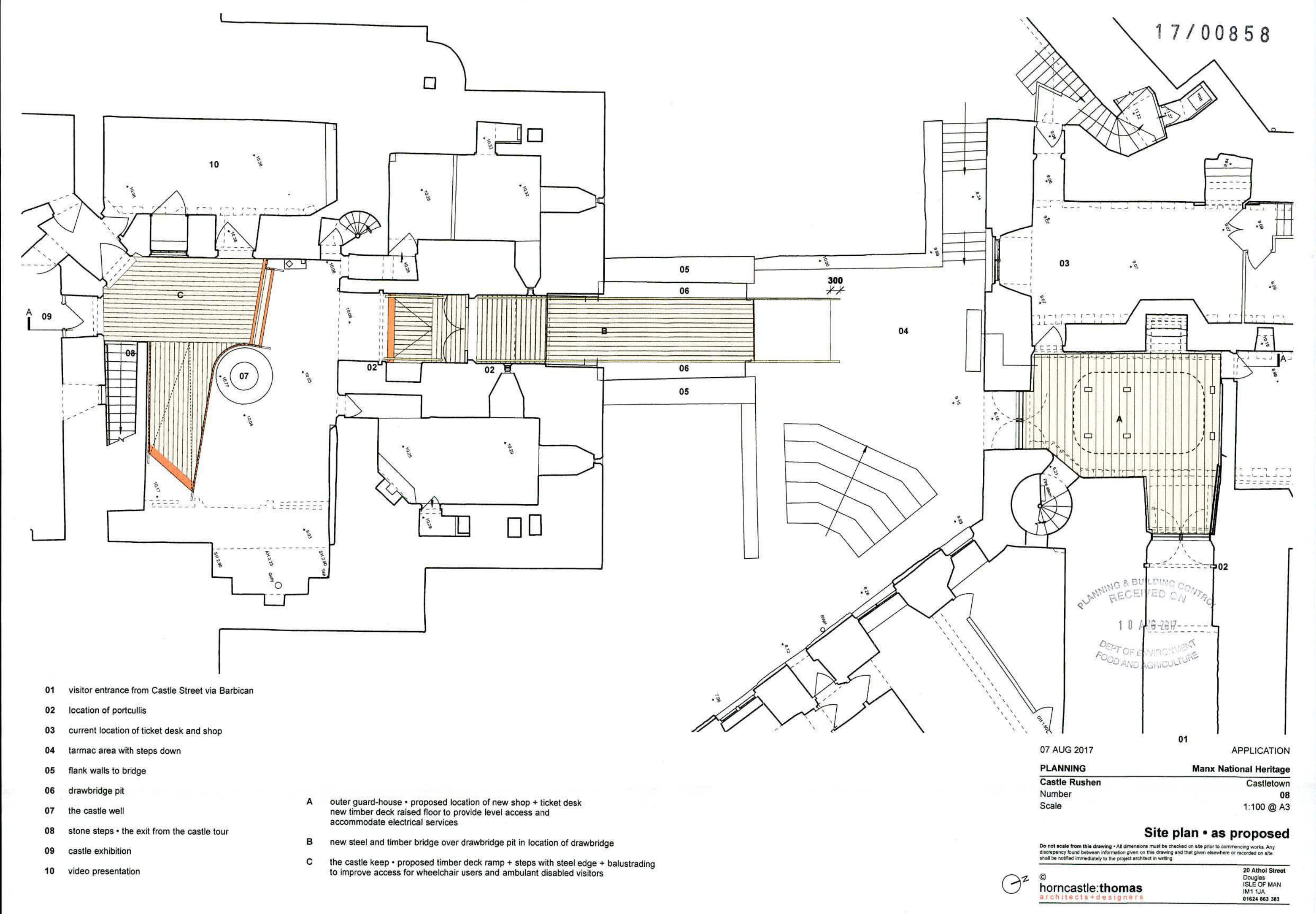Technical site plan showing proposed alterations to Castle Rushen, including a new drawbridge, visitor shop relocation, and access ramps.