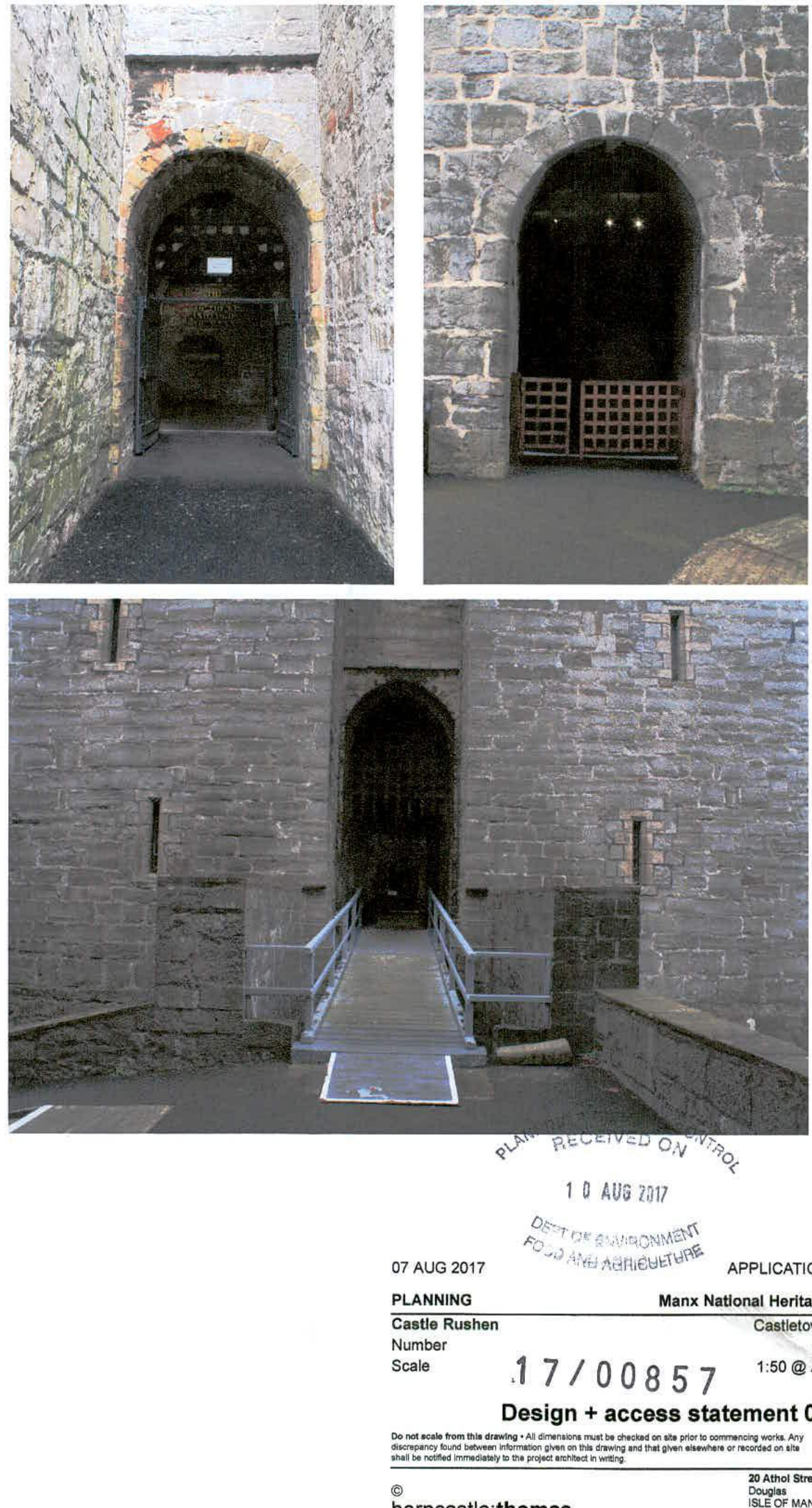 A composite image showing three views of a stone castle entrance, including a newly installed metal ramp for access, with a planning stamp and document header at the bottom.