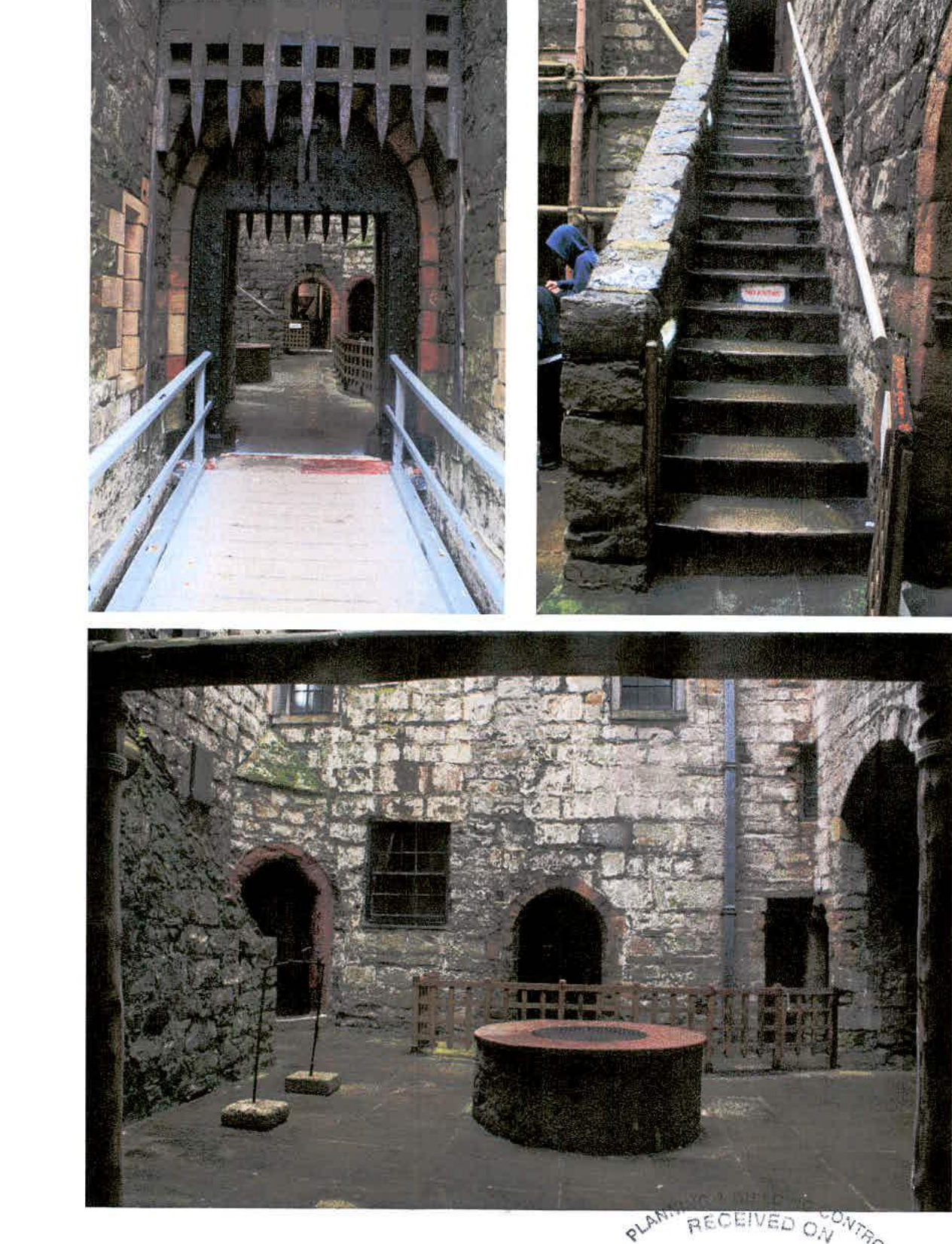 Composite photograph showing the stone interior and exterior of a castle keep, highlighting new access ramps and staircases.