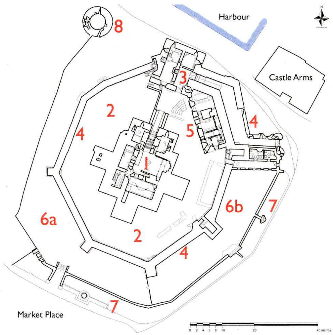 A technical site plan showing the layout of a castle complex with numbered zones, the keep, curtain walls, and surrounding landmarks like the Harbour and Market Place.