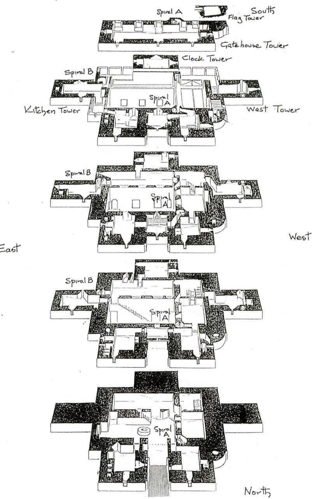 Architectural floor plans and sections showing the layout of a historic keep with labeled towers and spiral staircases.