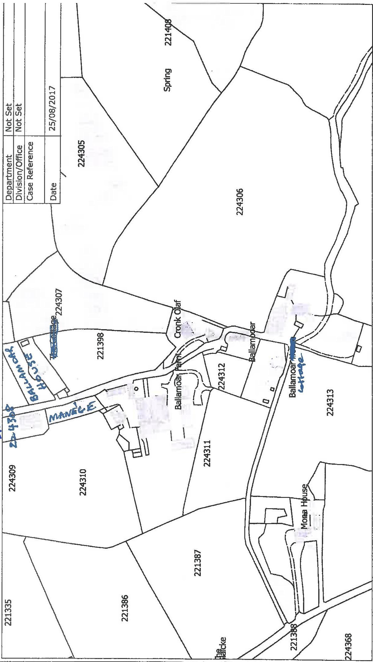 A site location plan showing land parcels, road names like Ballamoor and Cronk Olar, and plot numbers with a case reference header.