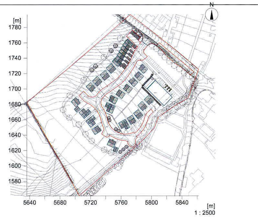 A technical site plan showing the proposed layout of a residential development with contour lines indicating topography and landscaping.
