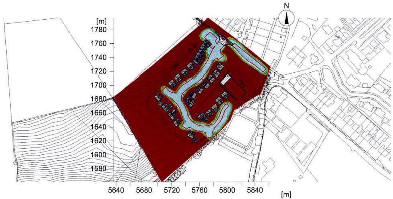This image displays a site layout plan for a proposed residential development, showing the arrangement of houses, access roads, and landscaping within a red-shaded boundary. It includes topographical contour lines on...