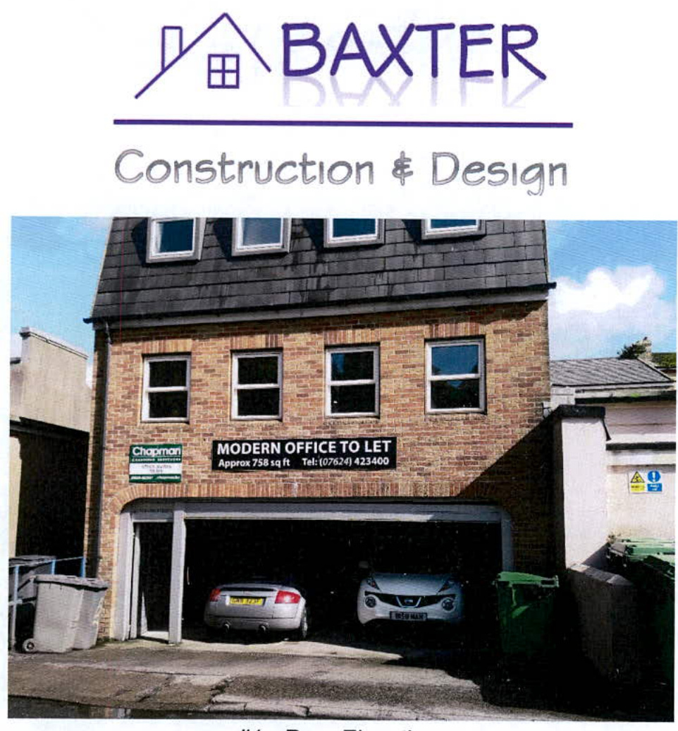 A photograph of a three-story brick building featuring a 'Modern Office to Let' sign and a ground-floor garage with two cars, overlaid with a company logo header.