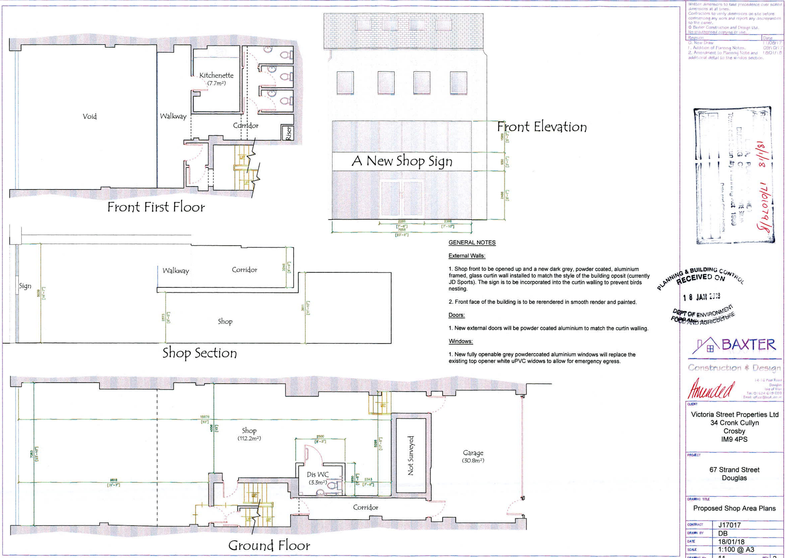 Architectural drawings showing ground floor, first floor plans, shop section, and front elevation for a shop renovation.