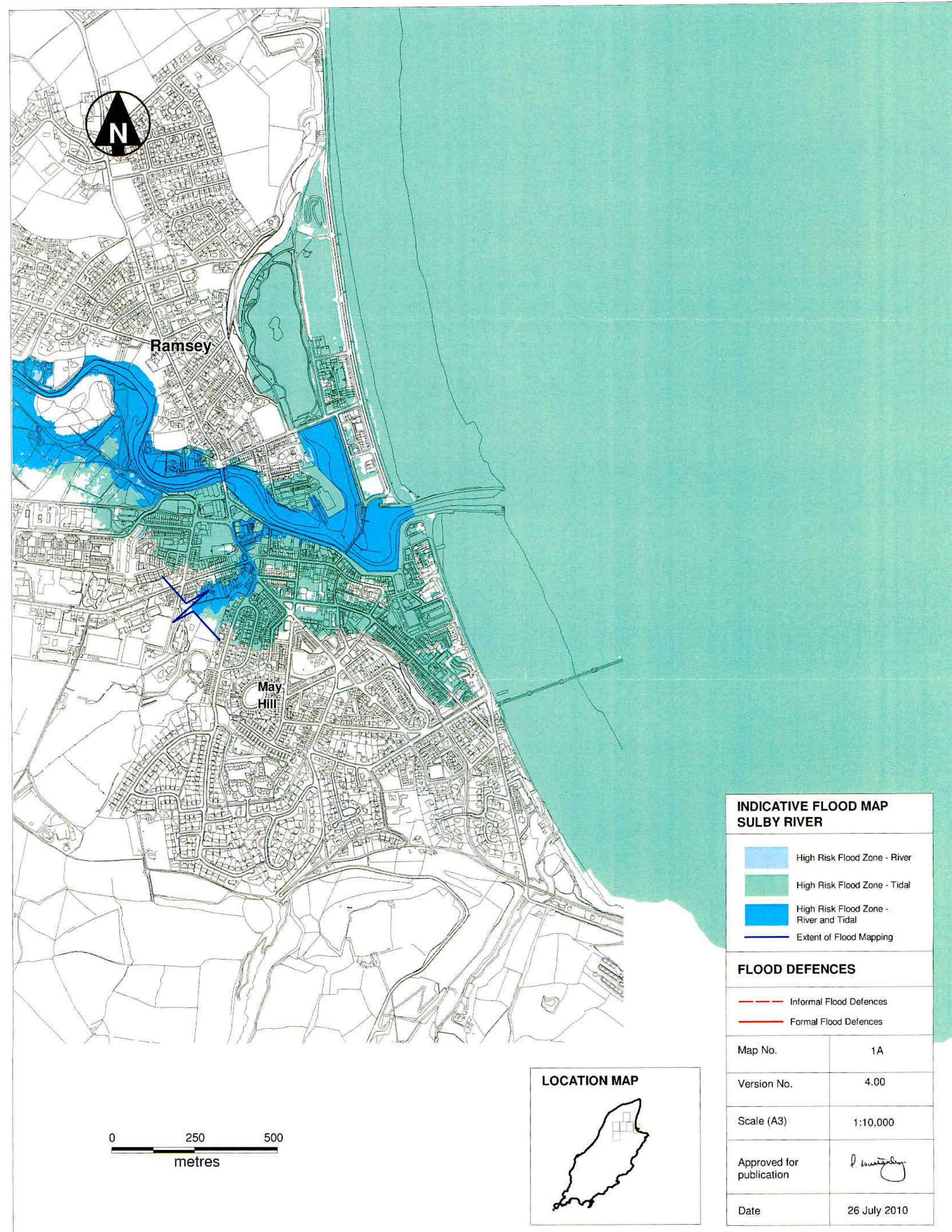 An indicative flood map showing the Sulby River area near Ramsey with high-risk flood zones overlaid and a specific site marked with a cross.