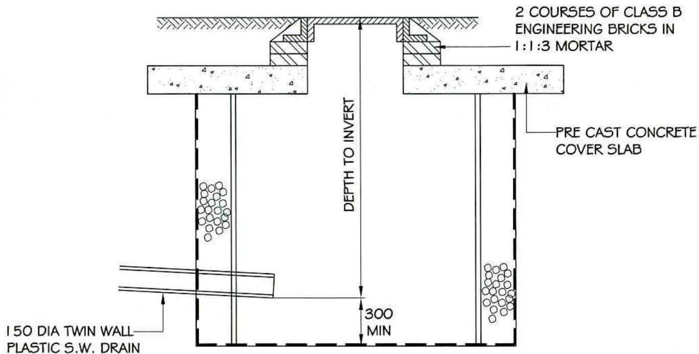 A technical cross-section drawing detailing the construction of a drain or manhole, specifying brickwork, mortar, and concrete cover slabs.