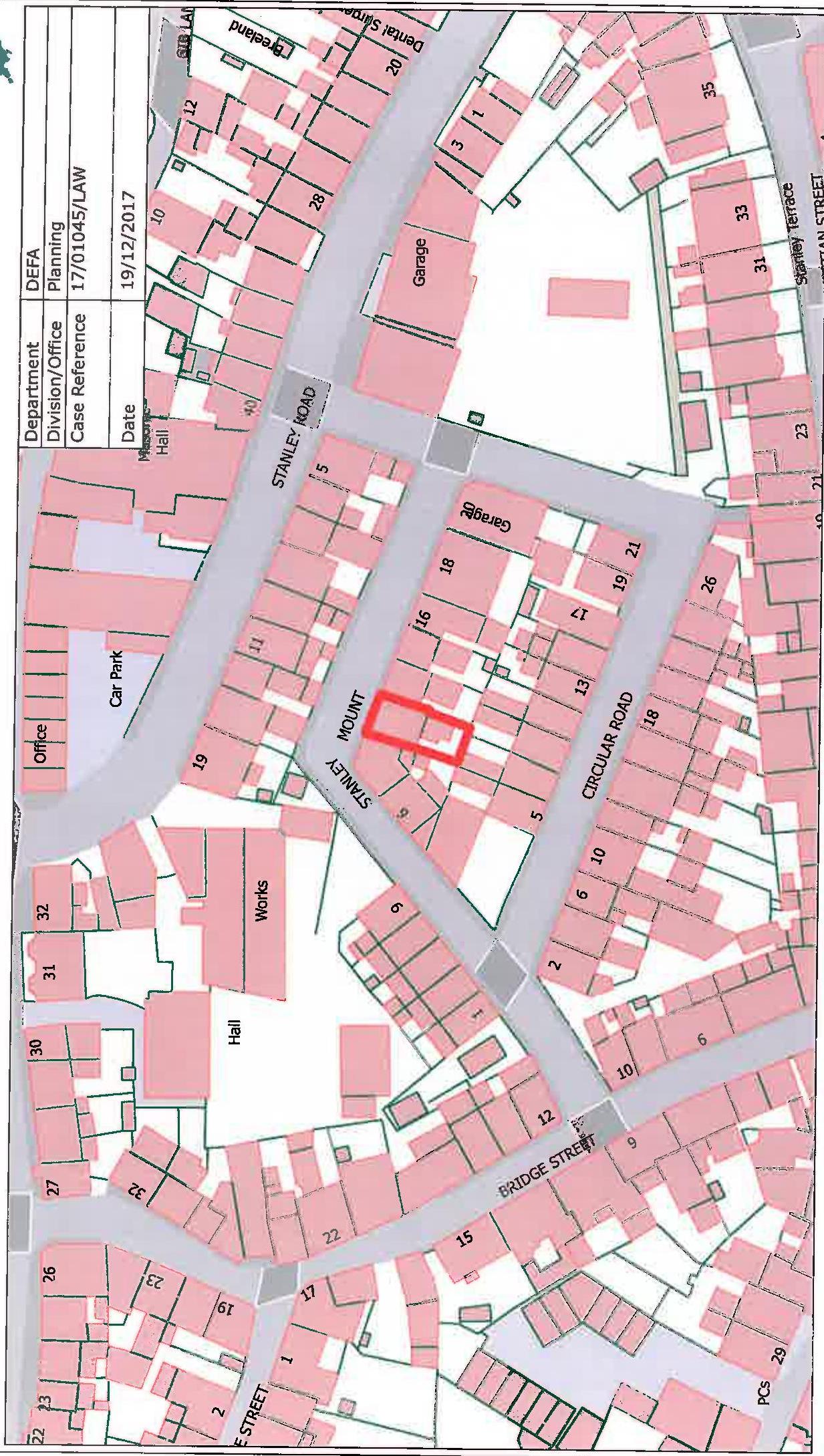 This image displays a site plan or location map of a street area, featuring building footprints, street names, and a specific property highlighted with a red rectangle.