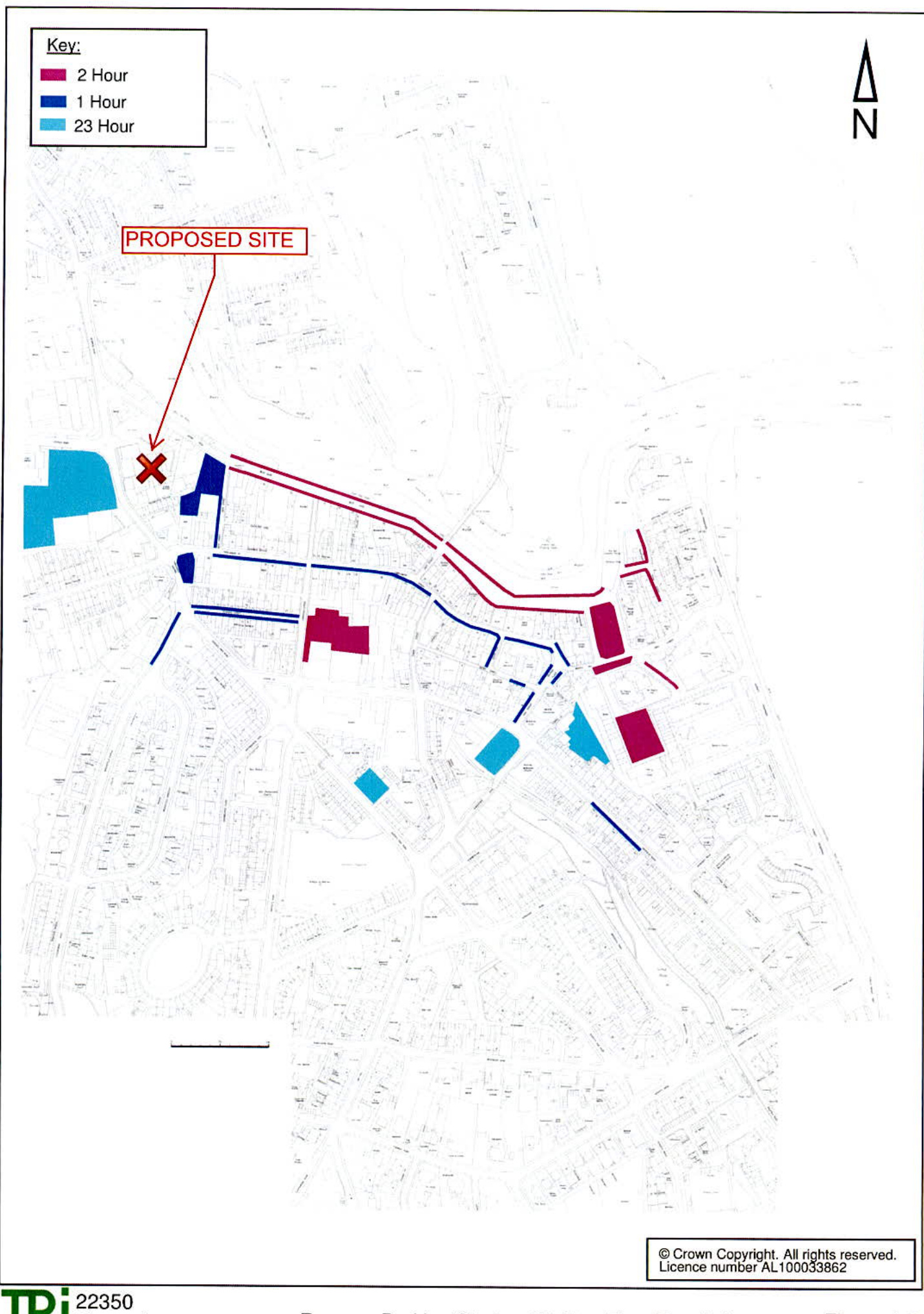 A site location map showing the 'Proposed Site' marked with a red cross, overlaid with colored zones indicating travel times (2 Hour, 1 Hour, 23 Hour) on a street map background.