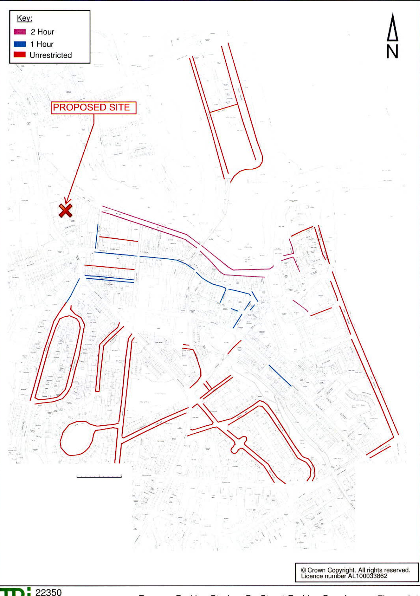 A site location map showing the proposed development site marked with a red cross and a key indicating parking restrictions on surrounding roads.