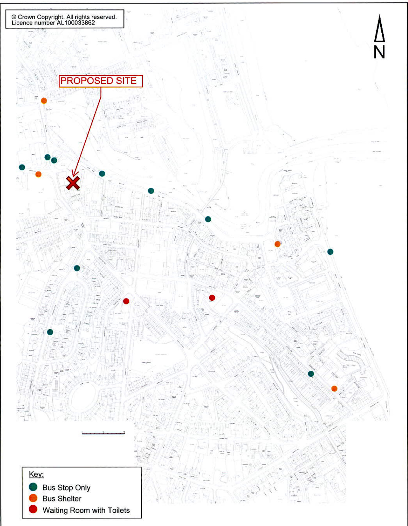 A location map showing the proposed development site marked with a red cross, overlaid on a street plan with a key indicating nearby bus stops and shelters.