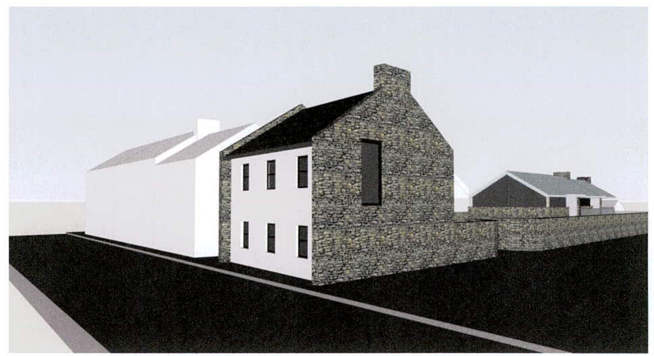 A 3D architectural rendering showing the proposed elevation of a two-story dwelling featuring a stone facade and a white extension.