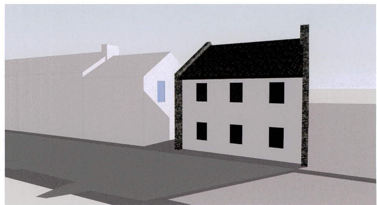 A 3D architectural massing model rendering showing a proposed two-story white house with a dark roof situated next to an adjacent building.
