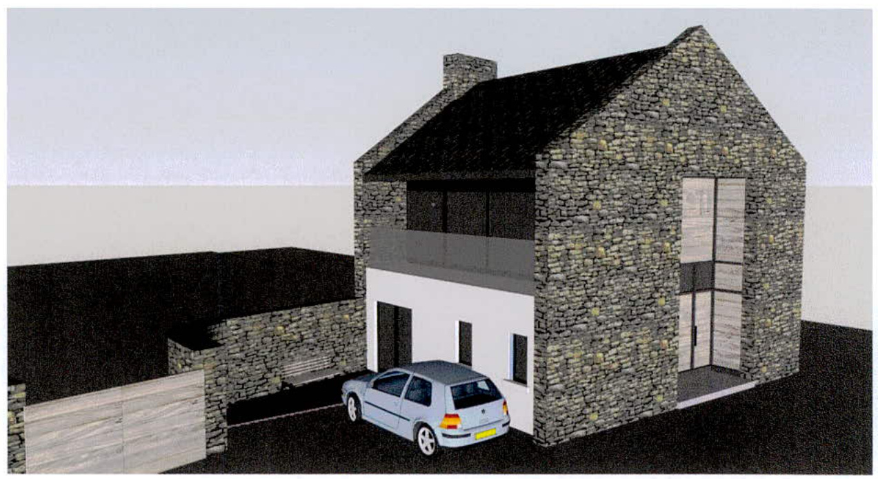 A 3D architectural rendering of a proposed two-storey detached house with stone cladding and a car parked in the driveway.