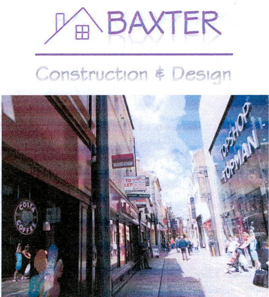 A document page featuring the Baxter Construction & Design logo above a street-level photograph of a busy commercial high street with pedestrians and shops.
