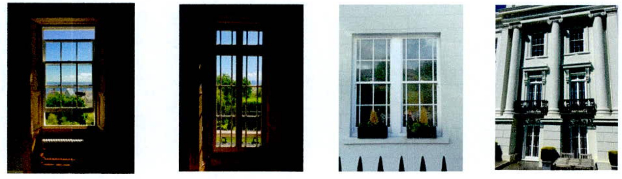 A composite image displaying four photographs of window installations and building facades, illustrating proposed replacement windows and exterior features.