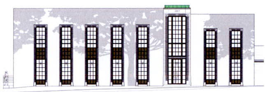 Architectural elevation drawing showing a long building facade with tall windows and a central roof structure.