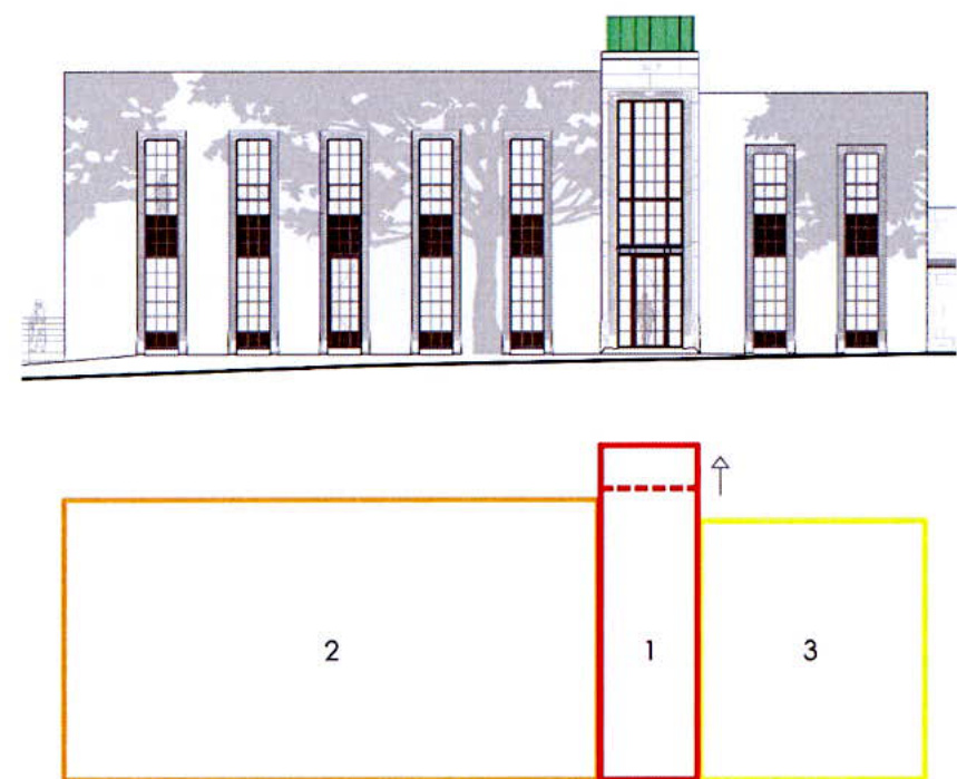 The image displays an architectural elevation of a building featuring a central vertical pavilion structure, accompanied by a color-coded site diagram below.