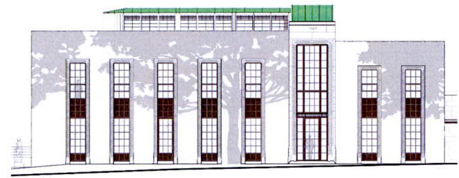 Architectural elevation drawing showing a building facade with tall windows and a proposed roof structure.