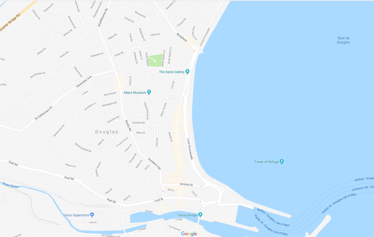 A digital location map showing the Douglas coastline, specifically highlighting the area around Loch Promenade and the Manx Museum.