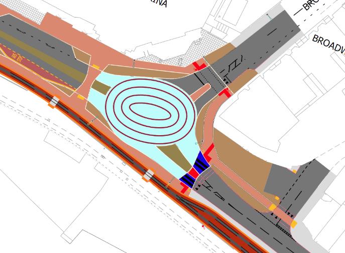 This is a color-coded site plan illustrating the proposed reconstruction of highways and footways. It details the layout of roads, pedestrian zones, and tram tracks along a promenade.