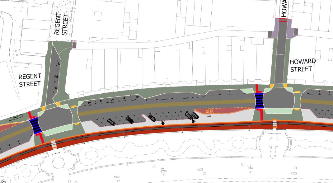 This image displays a technical site plan illustrating proposed highway and footway reconstruction along a coastal promenade. It shows the road alignment intersecting with Regent Street and Howard Street, including pa...