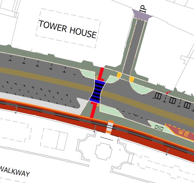 A technical site plan illustrating highway and footway reconstruction works, showing road layouts, pedestrian zones, and building outlines like 'Tower House'.