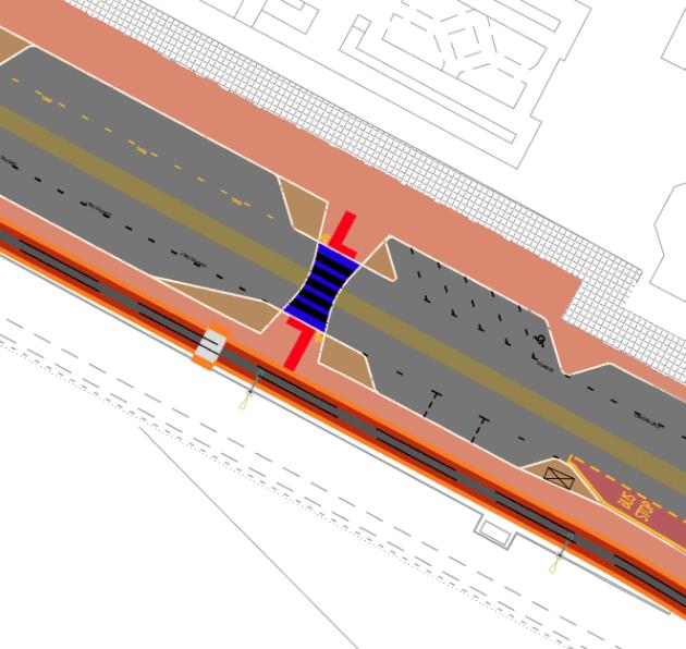 A technical site plan illustrating the proposed reconstruction of highways and footways on a coastal promenade, showing road markings, pavement areas, and tramway alignment.