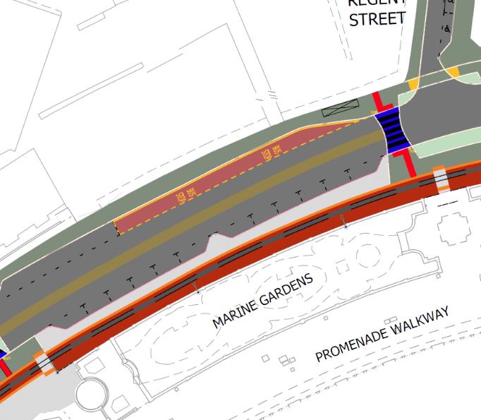 The image displays a detailed engineering site plan illustrating the proposed reconstruction of a coastal promenade and highway alignment, including tramway tracks and pedestrian walkways.