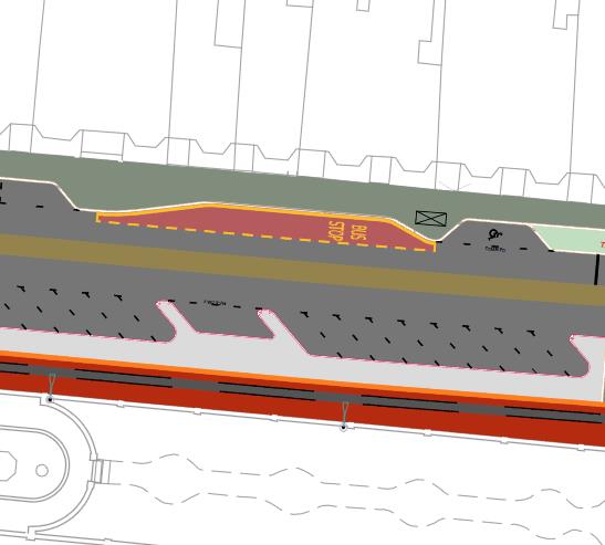 A technical engineering drawing showing a detailed cross-section or plan view of a coastal promenade road layout, including a bus stop zone and road surfaces.