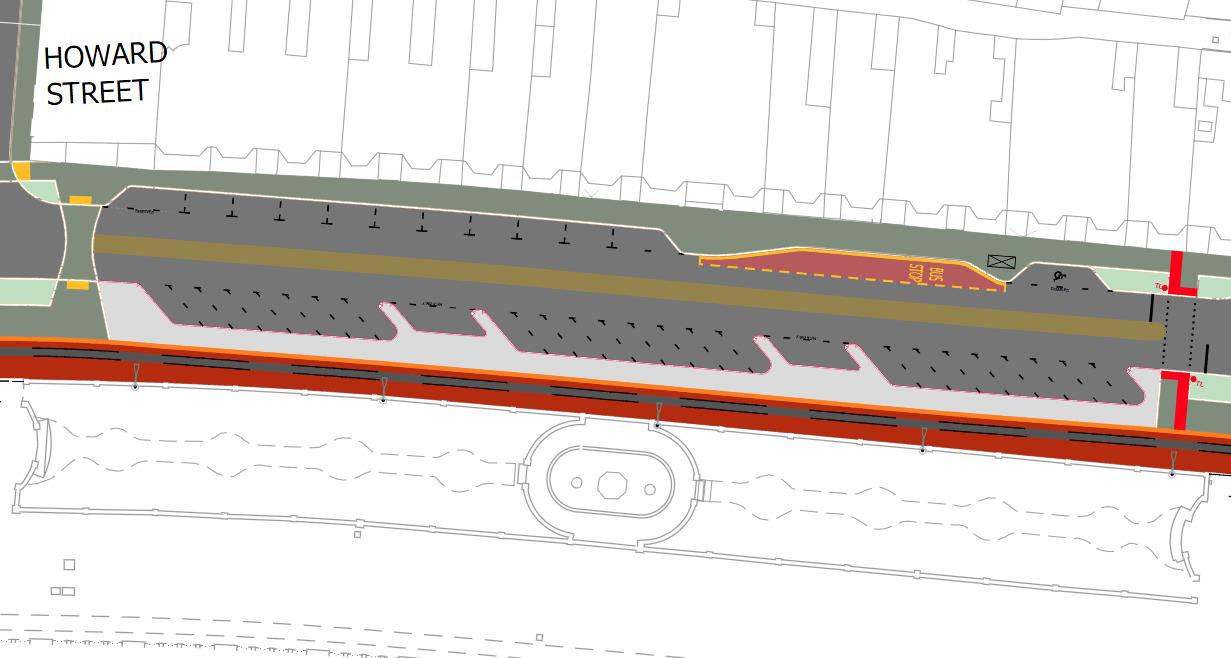 A technical site plan showing the proposed layout for highway and promenade reconstruction works, including road alignment, footways, and drainage infrastructure adjacent to Howard Street.