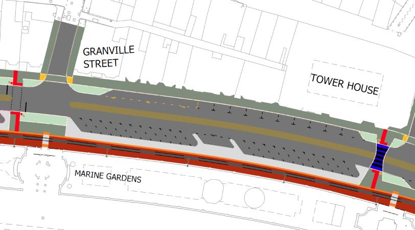 This image shows a site plan detailing proposed highway and footway reconstruction along a coastal promenade. It illustrates the new road alignment, tramway track, and associated landscaping near Granville Street and...