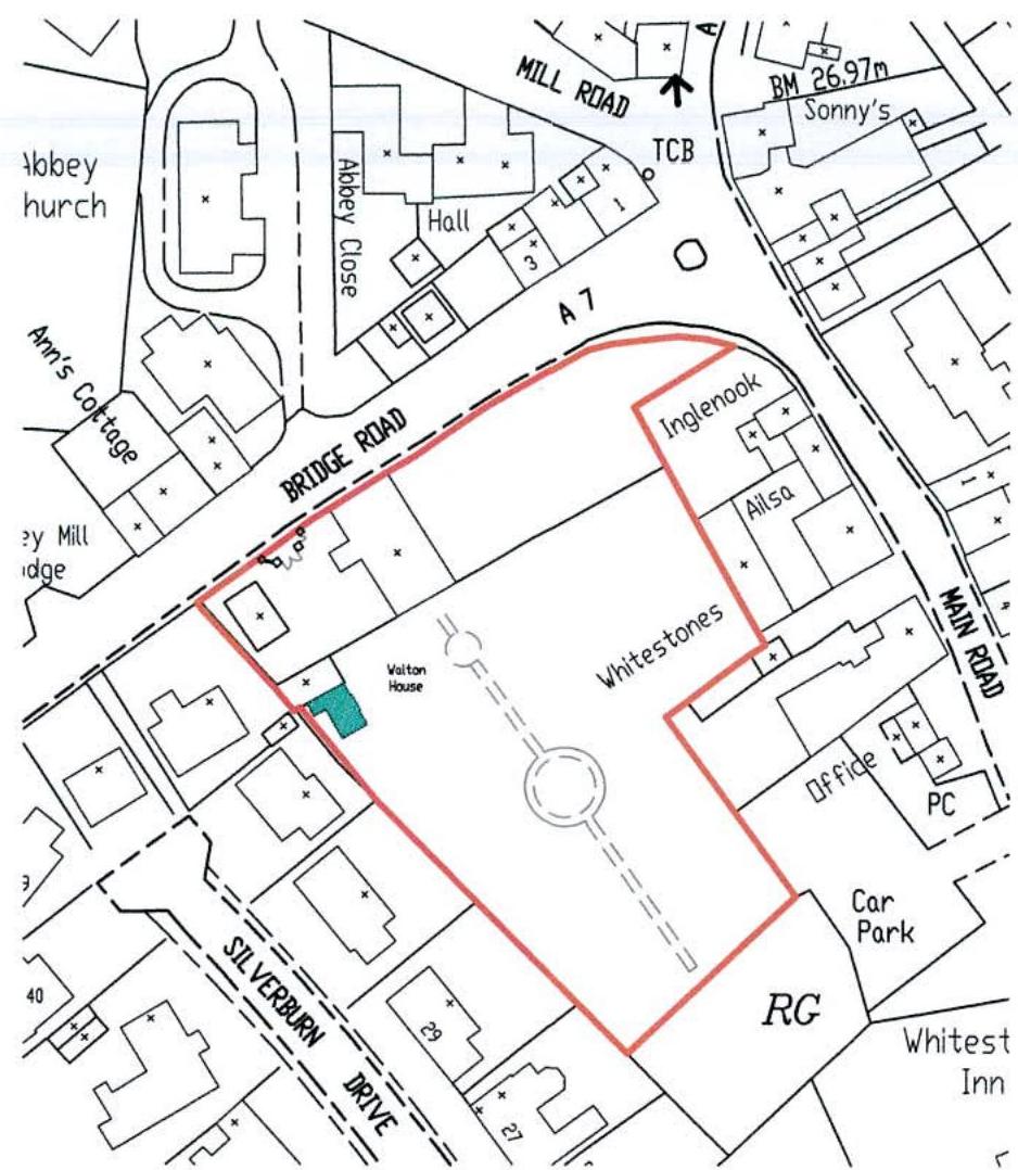 A site plan map showing a plot of land outlined in red along Bridge Road. The map includes surrounding buildings, roads, trees, and a car park area.