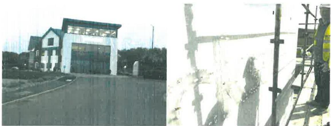 Split image showing a commercial building with a large roller door on the left and scaffolding with a worker on the right.