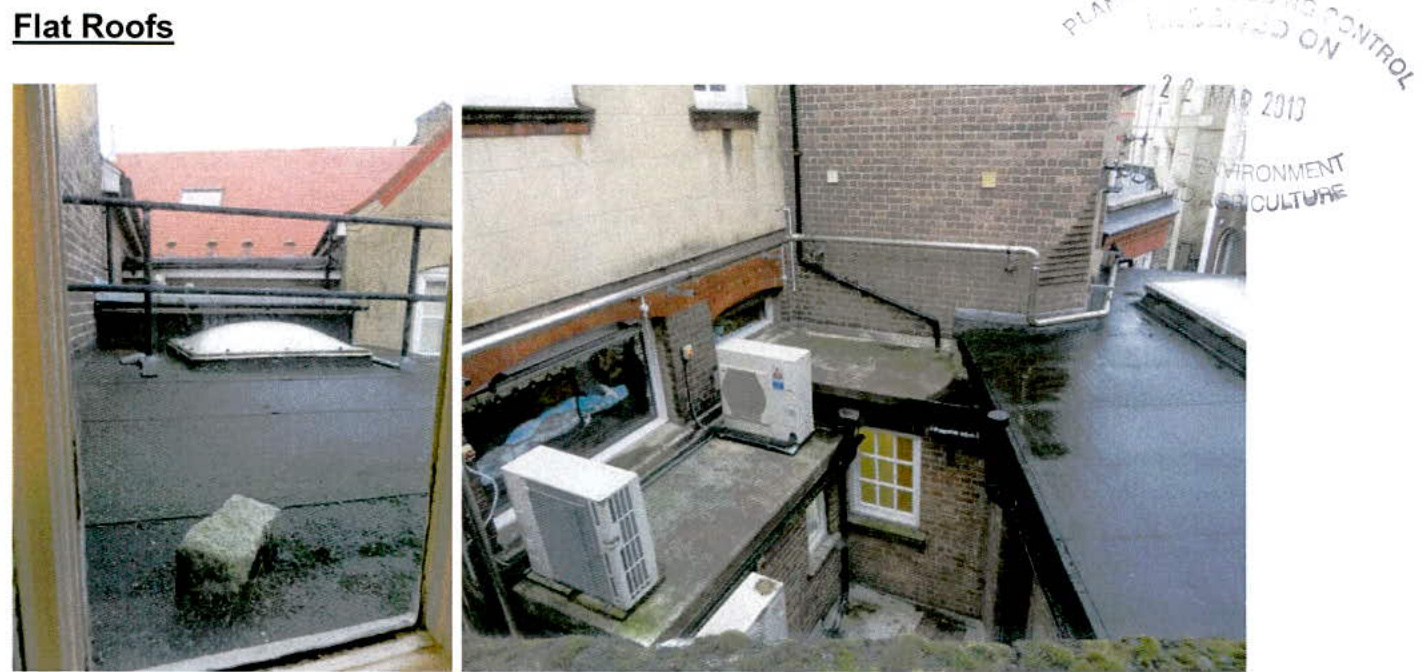 Two photographs showing flat roof areas of a brick building, including views of skylights, air conditioning units, and railings.