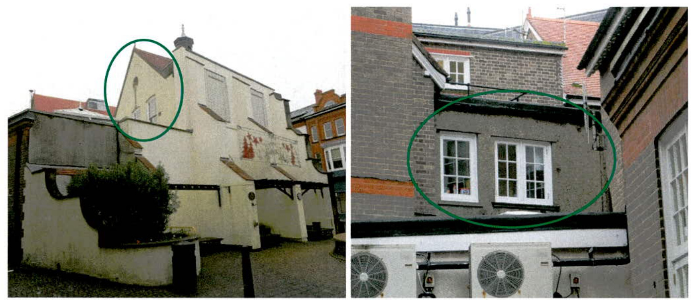 The image displays two exterior photographs of a building, with green circles highlighting specific areas for remedial works. The left photo shows a white gable end and roof section, while the right photo focuses on w...