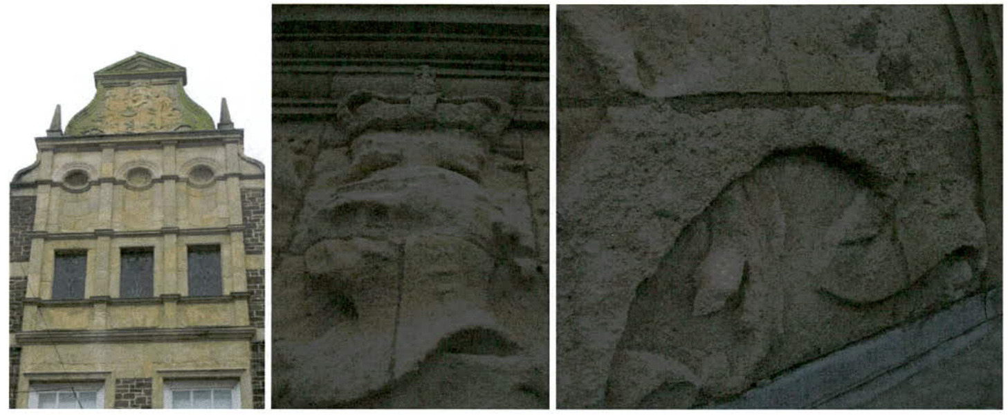A triptych of photographs showing the exterior facade of a historic stone building, likely the council chamber, alongside close-up details of the stonework and carvings.