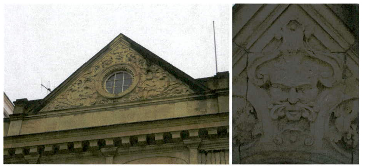 Composite image showing the pediment of a stone building with a round window and a close-up detail of a carved stone face.