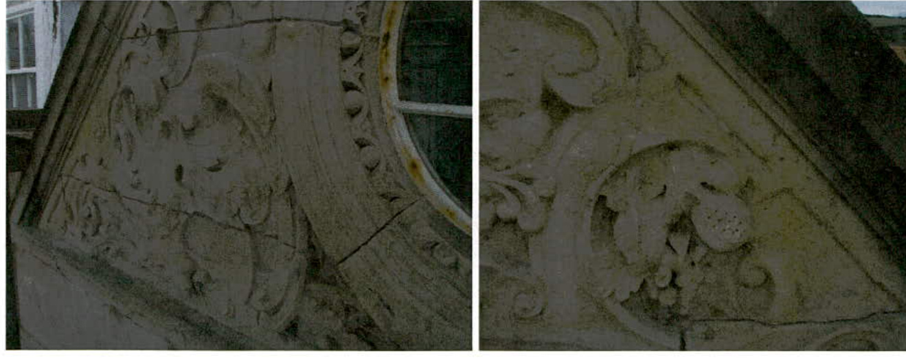Side-by-side close-up photographs showing weathered ornate architectural stonework or render details on a building facade, likely a pediment or gable end.