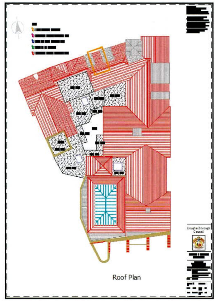 This image displays a technical architectural roof plan showing the layout and hatching of a complex roof structure with a compass rose and council stamp.