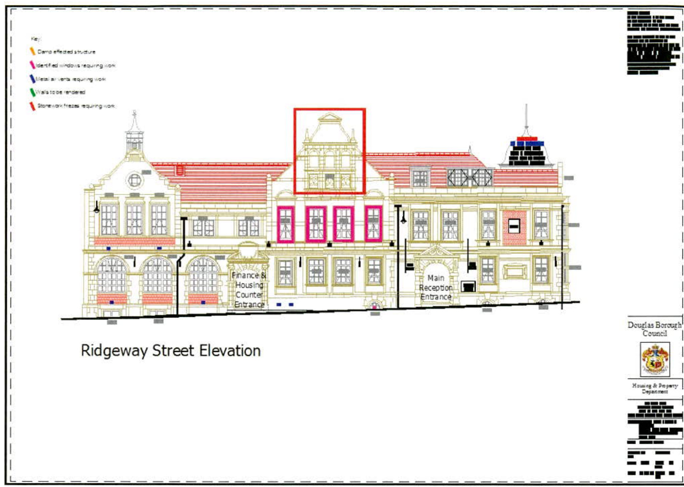 This image displays an architectural elevation drawing of a large public building labeled 'Ridgeway Street Elevation', featuring a color-coded key for proposed remedial works.