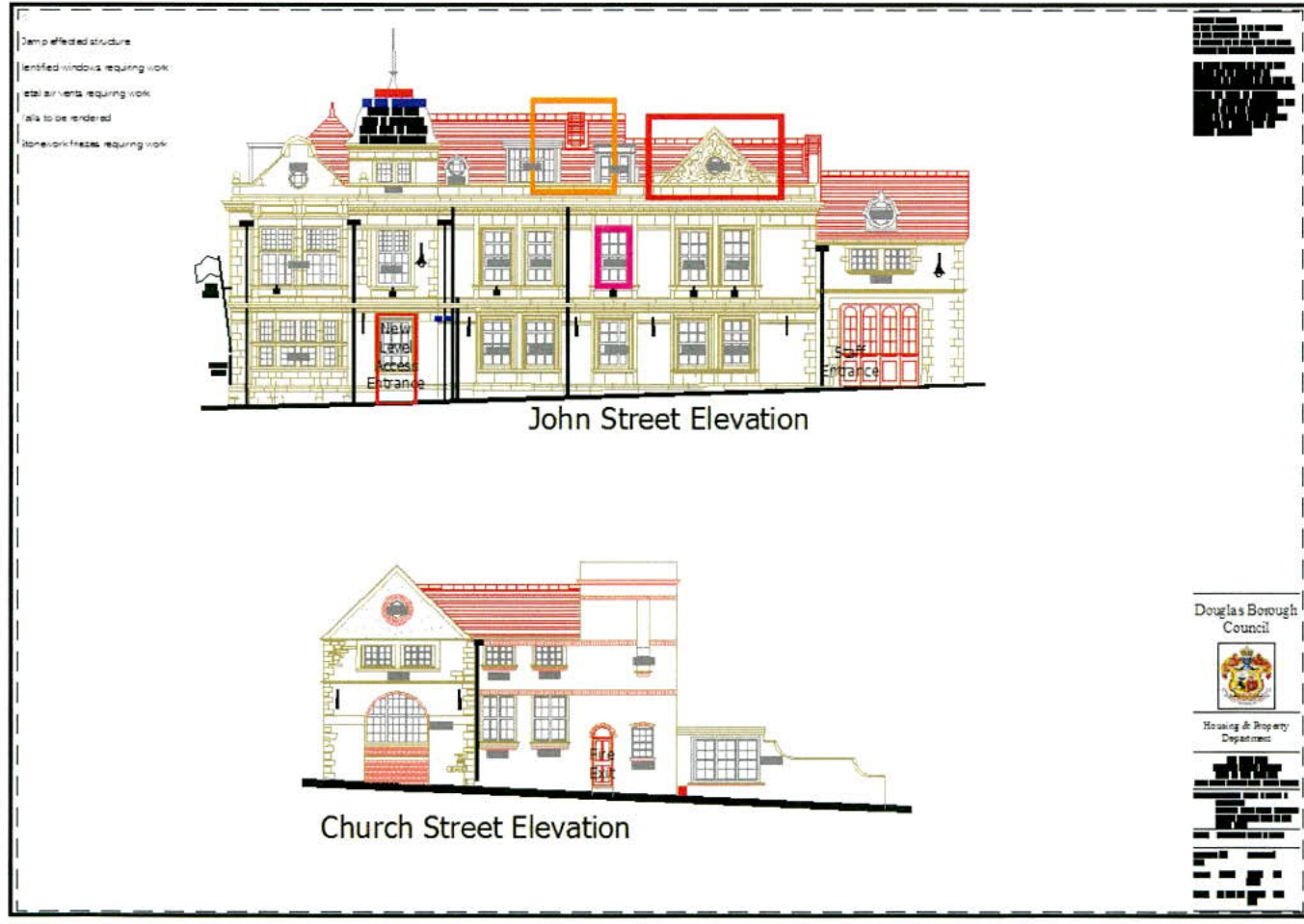 The image displays architectural elevation drawings for a building, specifically labeled 'John Street Elevation' and 'Church Street Elevation'. It highlights specific areas of the facade with colored boxes and include...
