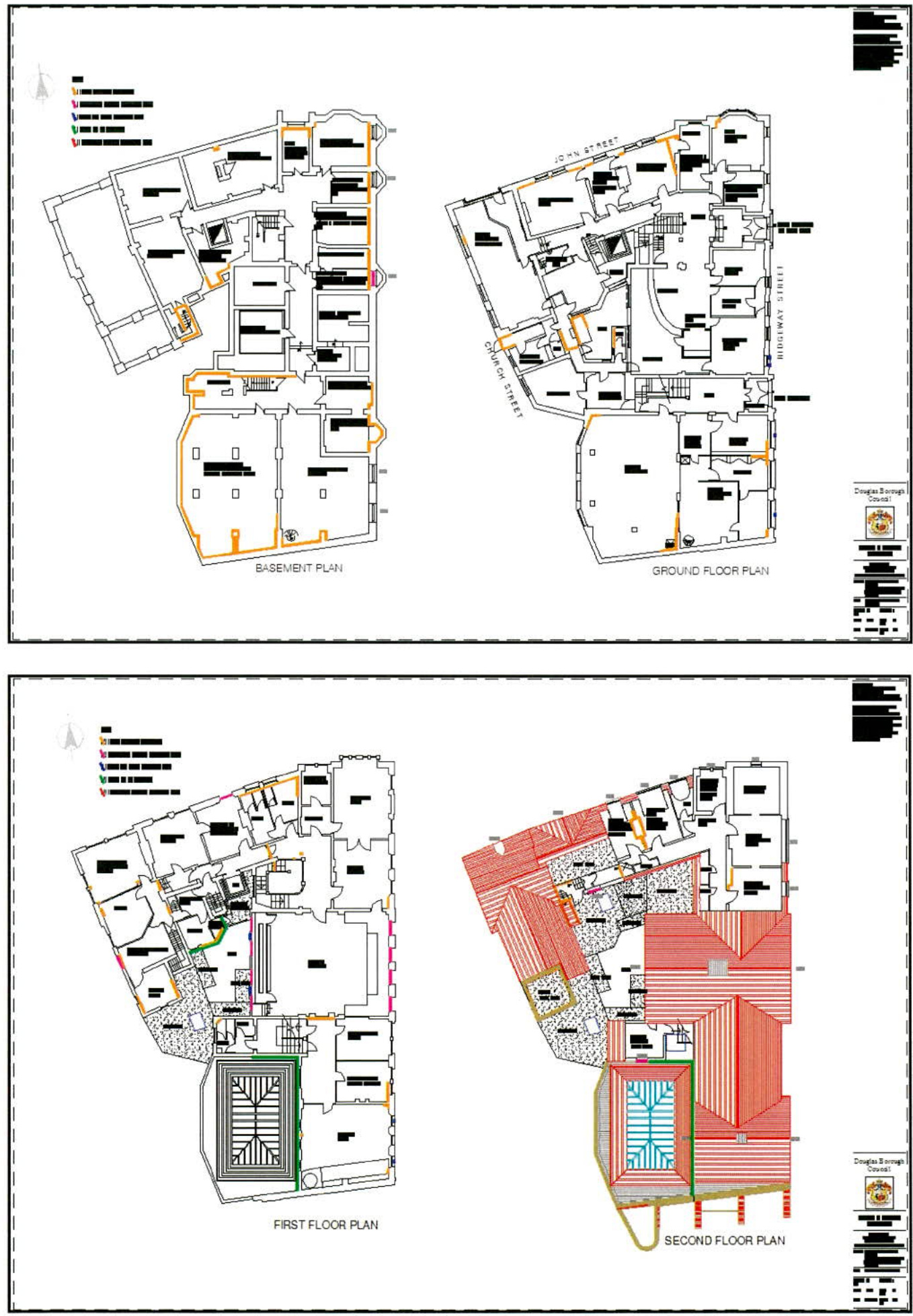 The image displays four architectural floor plans labeled Basement, Ground, First, and Second Floor, showing room layouts and street names.