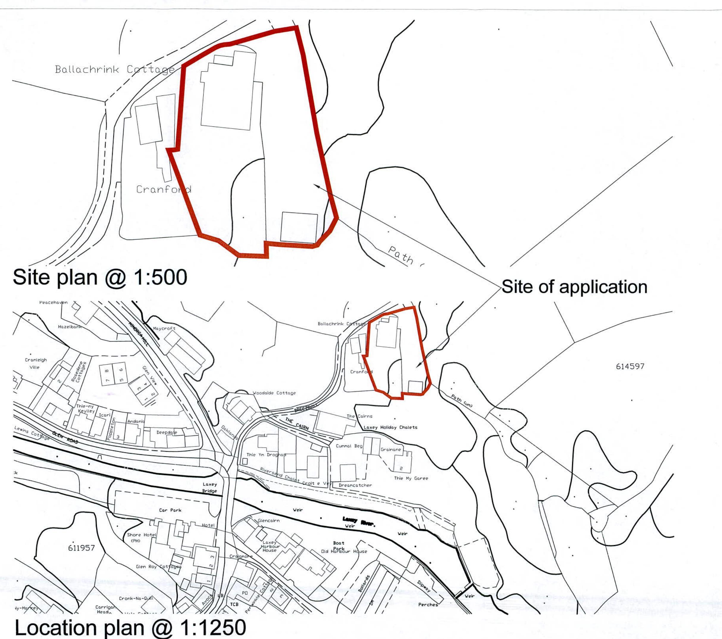 The image displays a planning site plan and location map for a property in Laxey, outlined in red.