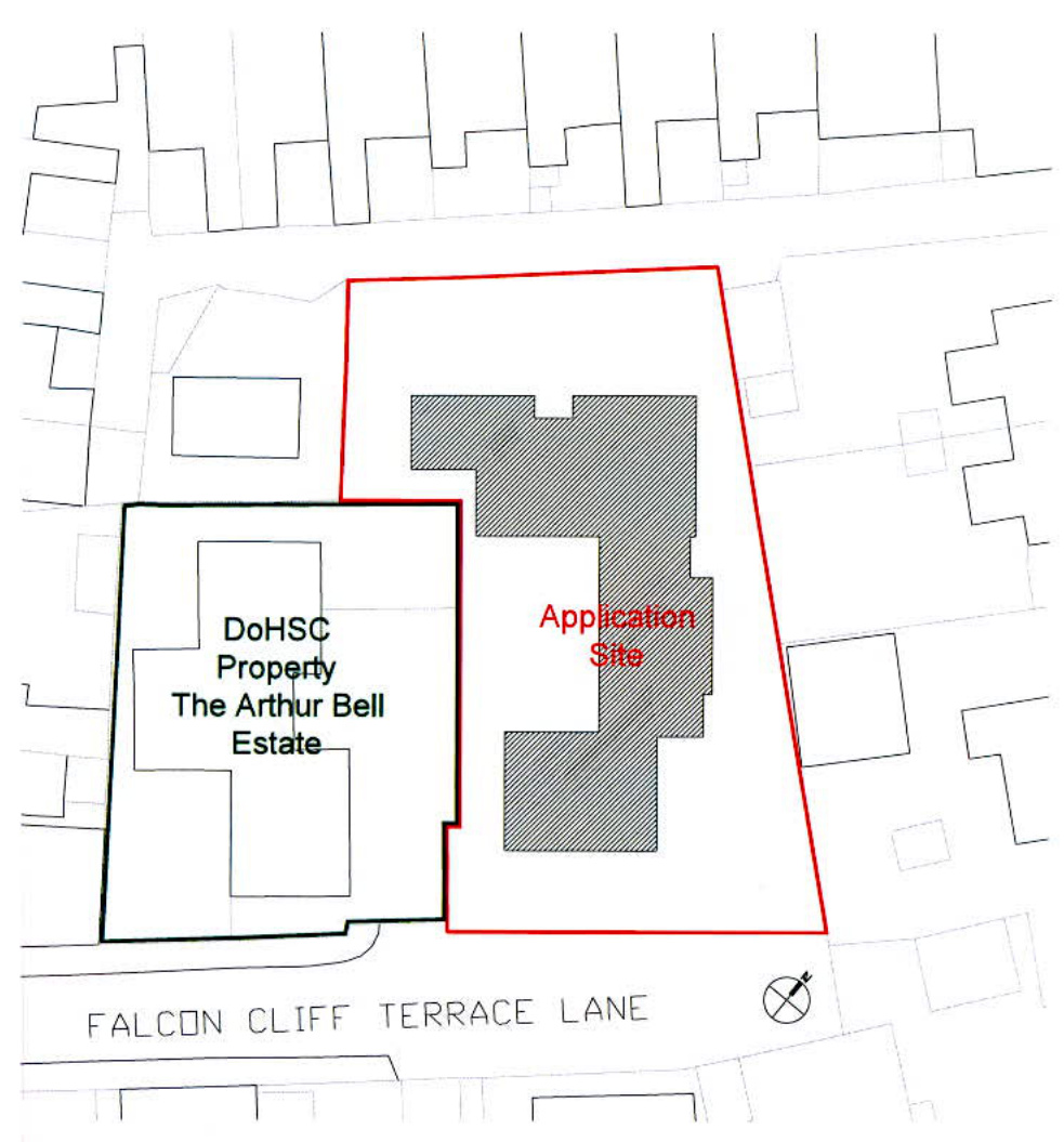 This image displays a site plan outlining the application site in red, situated next to the DoHSC Property The Arthur Bell Estate along Falcon Cliff Terrace Lane.