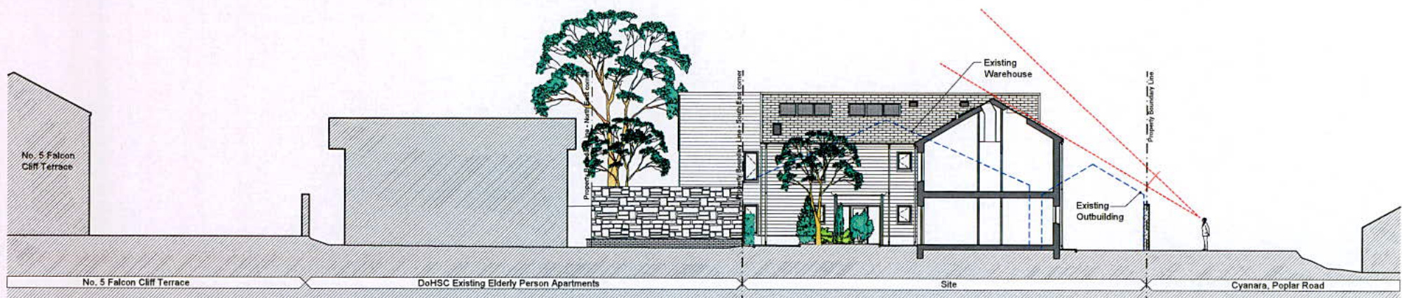 Architectural section drawing illustrating a proposed apartment development alongside existing structures and a road.