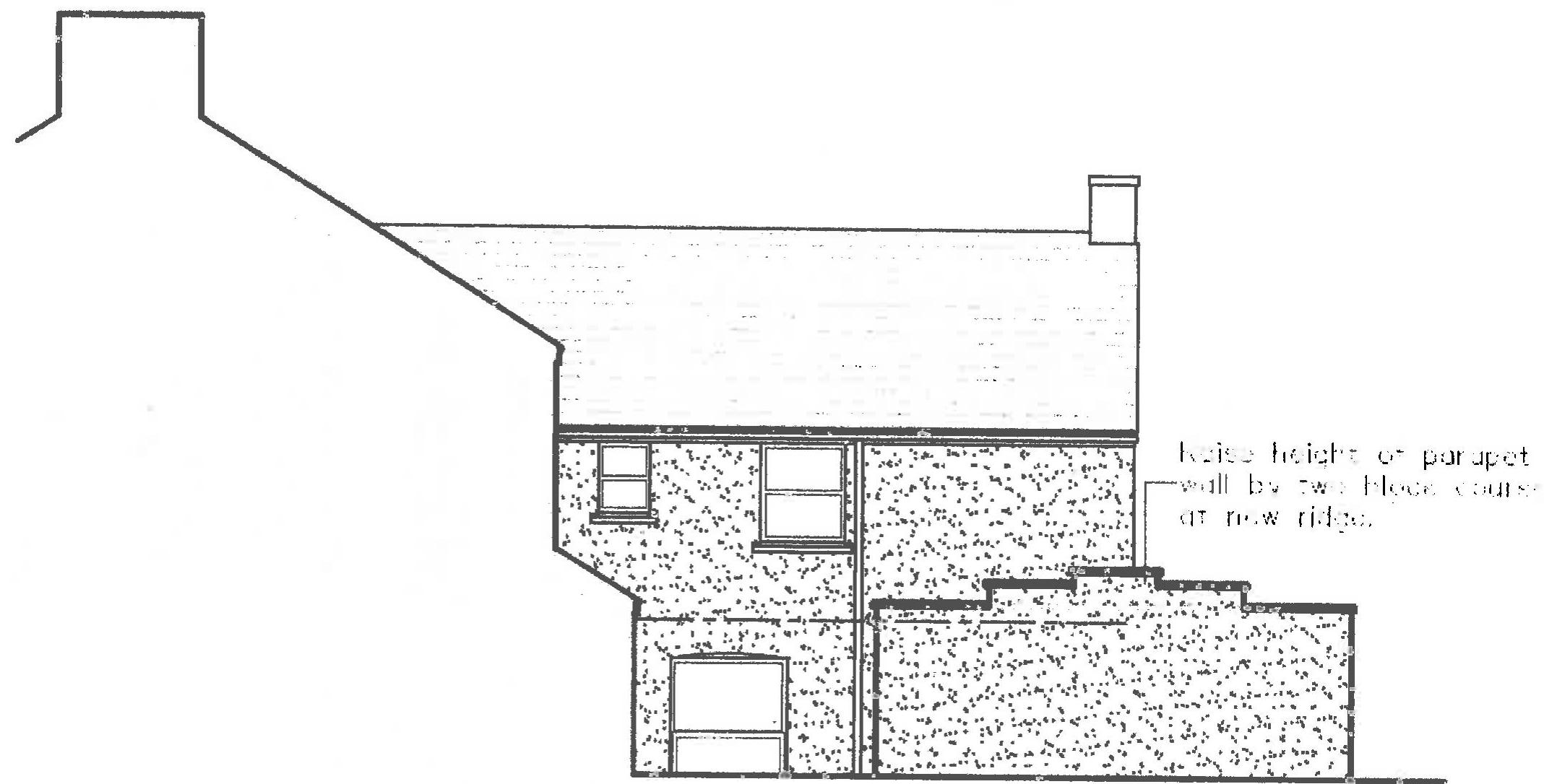 Architectural section drawing showing the elevation of a house extension with a parapet wall and windows.