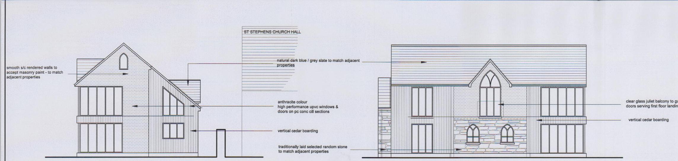 Architectural elevation drawing showing a proposed detached dwelling alongside St Stephens Church Hall with detailed material annotations.