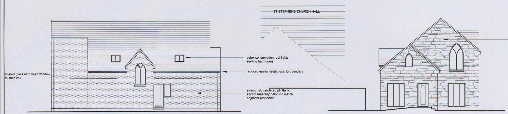 Architectural elevations showing the front and side views of a proposed detached dwelling with stone cladding and annotations on window and roof details.
